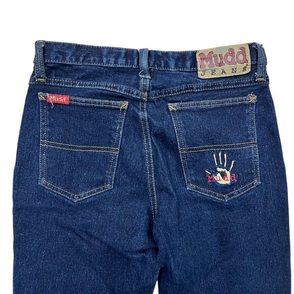 VtgY2K Mudd Mid Rise‎ Boot Cut Jeans Size 3 Dark Wash Embroidered Logo Pocket - Picture 1 of 12